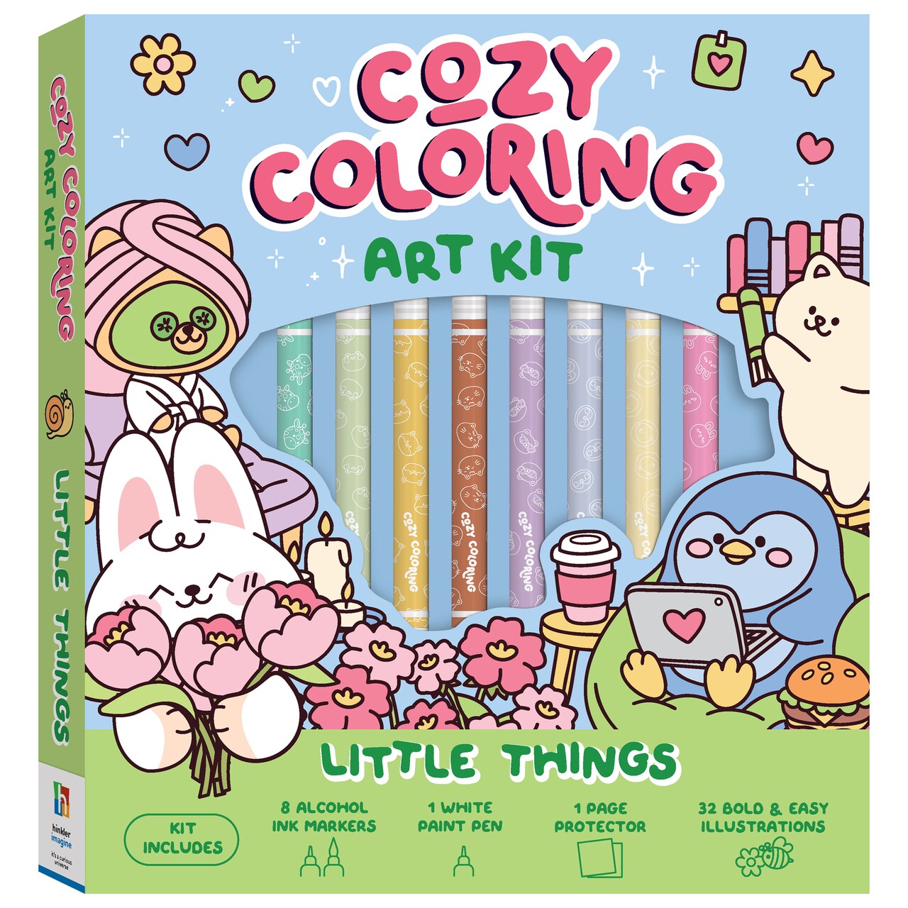Art Maker: Cozy Coloring - Little Things Art Kit - Adult Coloring Book Set, 32 Everyday Things & Animal Illustrations, Alcohol Ink Markers, Paint Pen